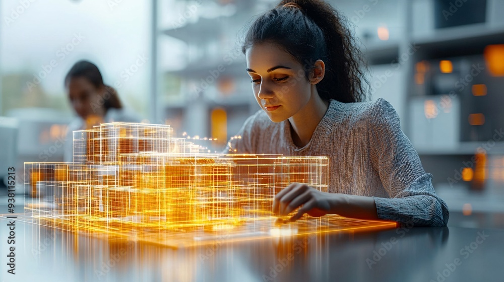 Poster An architect at a sleek workstation adjusting a 3D hologram of a building blueprint while colleagues work on similar holographic models nearby demonstrating a high-tech collaborative environment