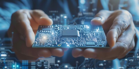 Engineer holding a WiFi chip with detailed circuitry, emphasizing the innovation in wireless technology.