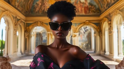 Fototapeta premium Elegant Black Supermodel Posing at Classic Italian Villa