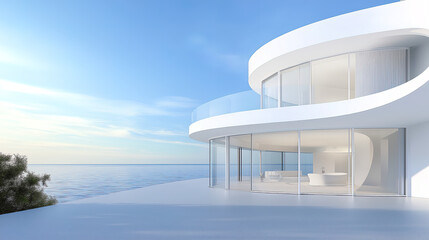 Fototapeta premium White luxury modern villa with beautiful sea view, minimalist curve line design, scene for car presentation