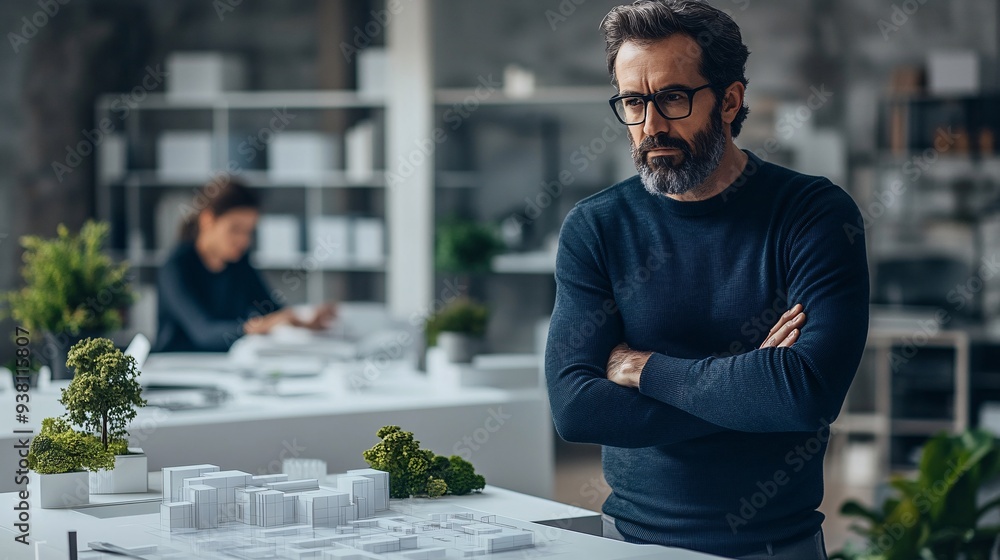 Aufkleber A designer in a futuristic workspace using a 3D holographic interface to create and modify interior layouts with colleagues working on other projects in the background Stock Photo with copy space
