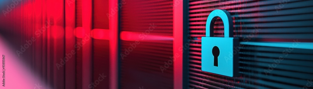 Poster blue padlock against a backdrop of illuminated server racks, highlighting themes of security and tec