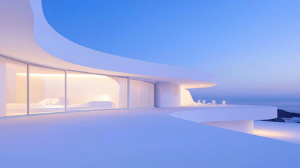 White luxury modern villa with beautiful sea view, minimalist curve line design, scene for car presentation
