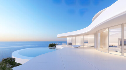 Fototapeta premium White luxury modern villa with beautiful sea view, minimalist curve line design, scene for car presentation