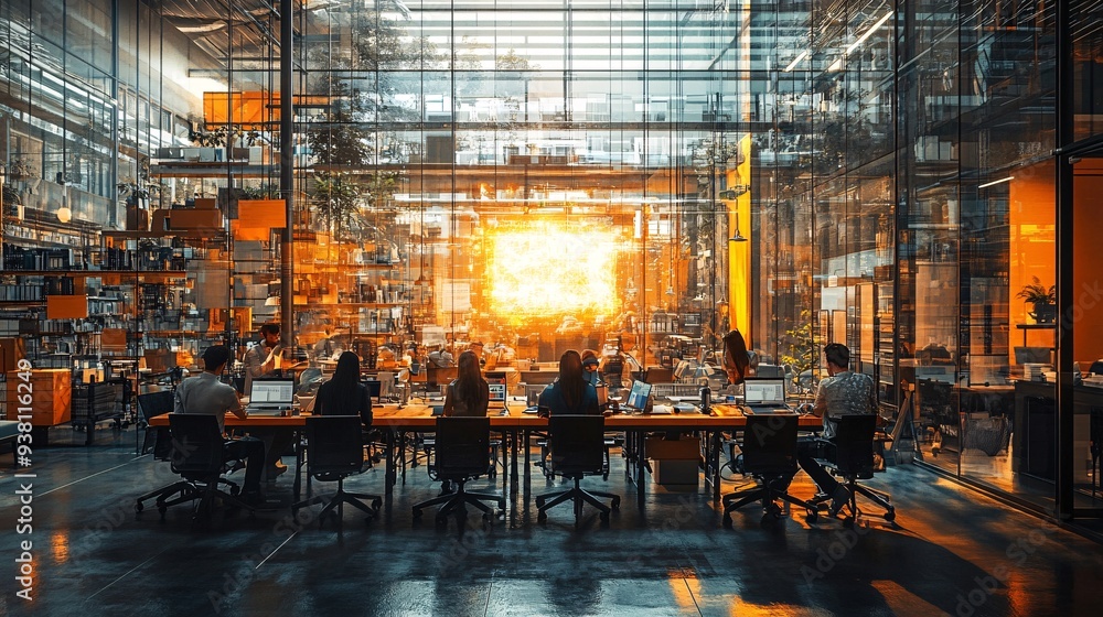 Aufkleber A creative team collaborating on a large-scale 3D hologram in the center of an open office space demonstrating how futuristic technology enhances teamwork and innovation Stock Photo with copy space