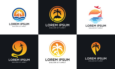 sun logo and travel logo collection, palm tree and sea logo set