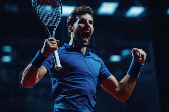 squash player celebrating a point, with copy space. Warm, energetic lighting. High-stakes tournament