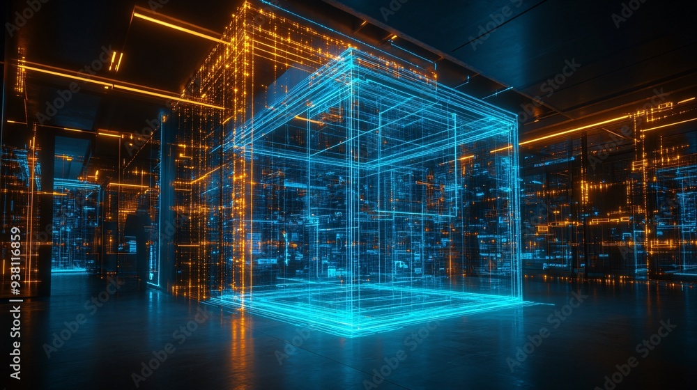 Aufkleber A spacious modern office where professionals use 3D holograms to visualize and solve complex design problems reflecting a futuristic approach to workplace productivity Stock Photo with copy space
