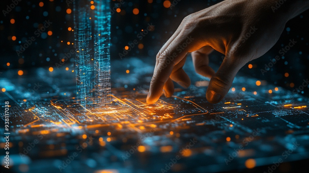 Poster A close-up of an architect hand adjusting the elements of a 3D holographic blueprint of a skyscraper in mid-air emphasizing real-time modification and precision in architectural design Stock Photo