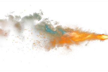Close-up of a muzzle flash, side view, isolated on a white or transparent background. Fire from a gunshot. Bullet firing flame overlay, design element.