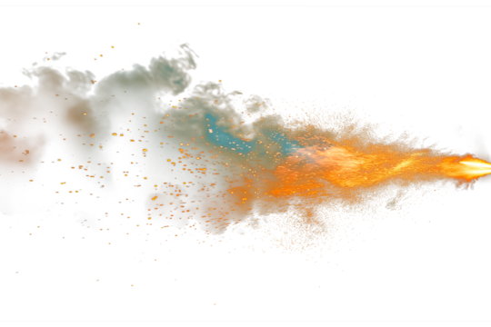 Close-up of a muzzle flash, side view, isolated on a white or transparent background. Fire from a gunshot. Bullet firing flame overlay, design element.