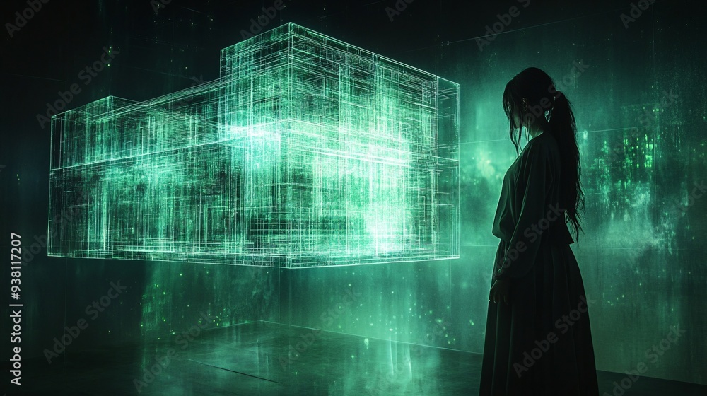Aufkleber An architect in a darkened studio viewing a holographic model of a complex building blueprint illuminated with blue and green lights representing the integration of digital tools in architectural