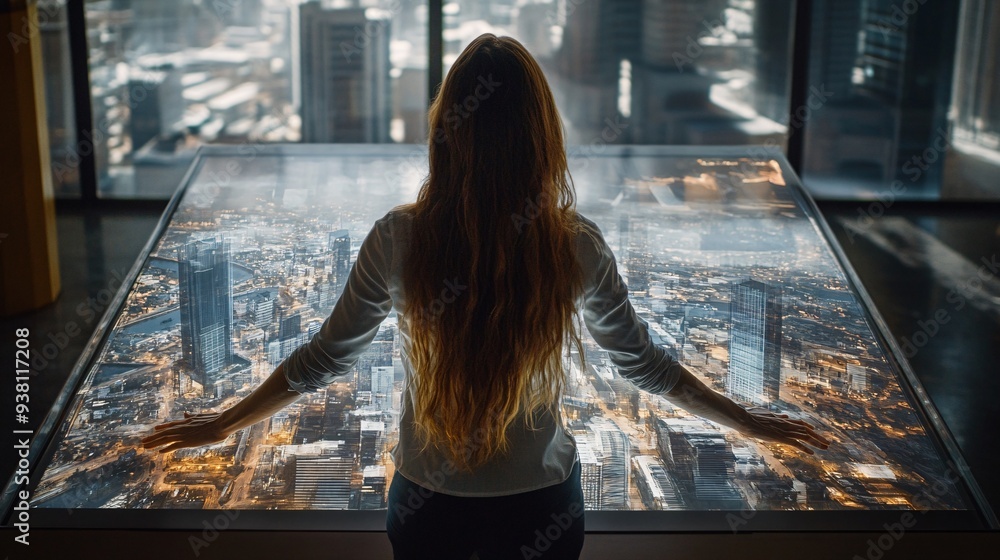 Poster An overhead view of an architect interacting with a large 3D holographic projection of a cityscape demonstrating how urban planning is enhanced with holographic technology Stock Photo with copy space