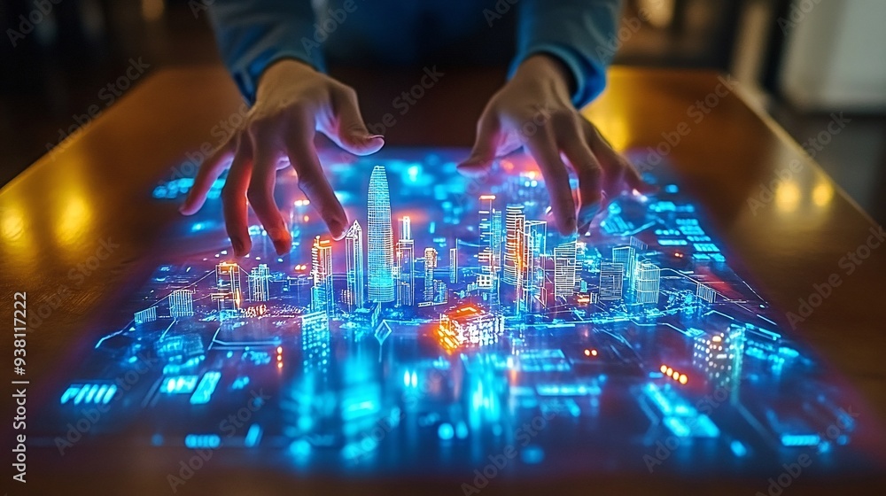 Poster An overhead view of an architect interacting with a large 3D holographic projection of a cityscape demonstrating how urban planning is enhanced with holographic technology Stock Photo with copy space