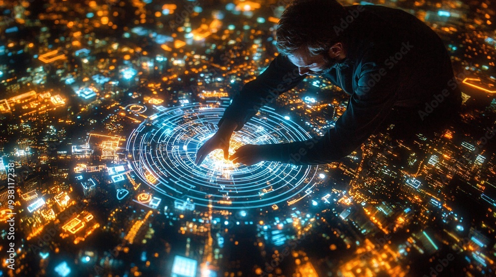 Aufkleber An overhead view of an architect interacting with a large 3D holographic projection of a cityscape demonstrating how urban planning is enhanced with holographic technology Stock Photo with copy space