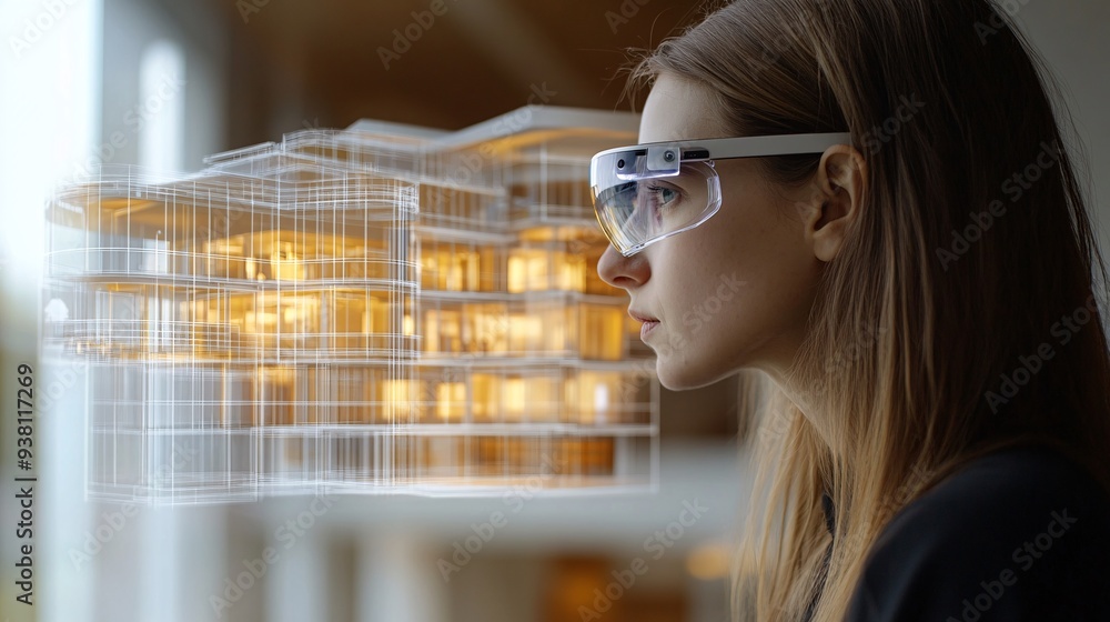 Poster An architect wearing smart glasses while manipulating a 3D holographic model of a futuristic building blueprint floating in front of them depicting the seamless blend of augmented reality and