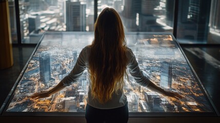 An overhead view of an architect interacting with a large 3D holographic projection of a cityscape demonstrating how urban planning is enhanced with holographic technology Stock Photo with copy space