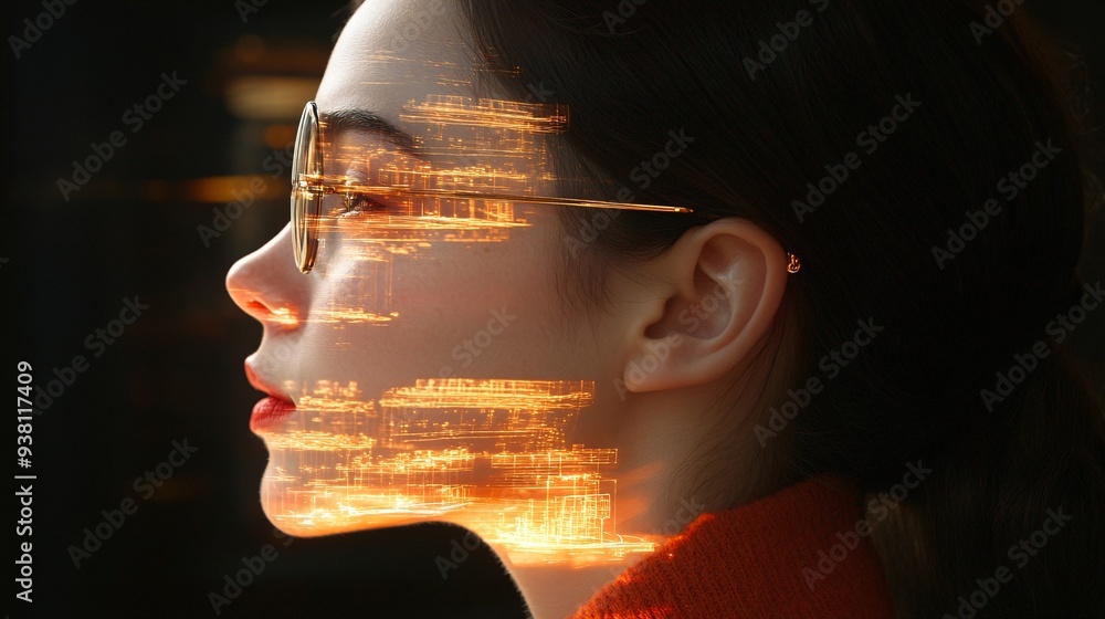 Poster A side profile of an architect focused on a hovering 3D holographic representation of a building interior layout capturing the intricacies of real-time design adjustments Stock Photo with copy space
