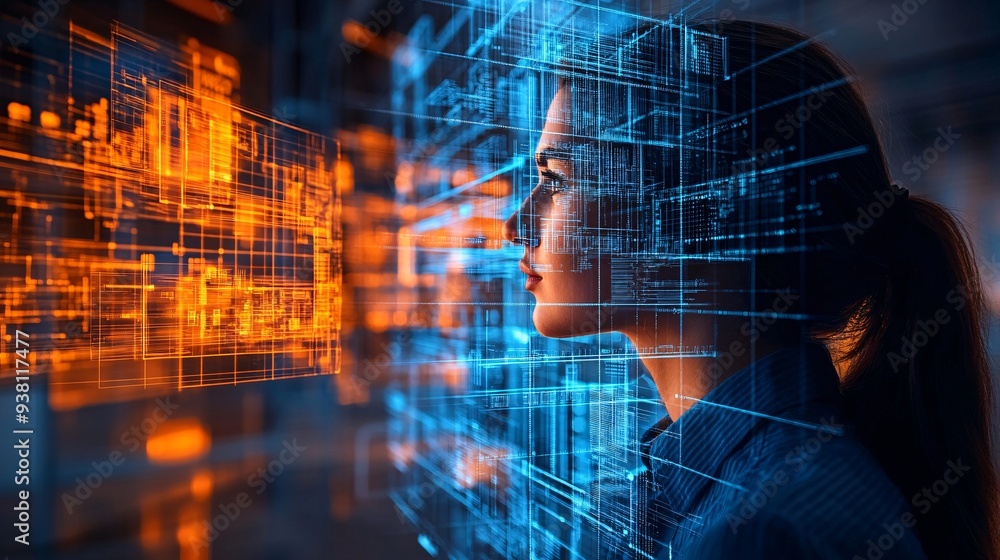 Aufkleber A side profile of an architect focused on a hovering 3D holographic representation of a building interior layout capturing the intricacies of real-time design adjustments Stock Photo with copy space