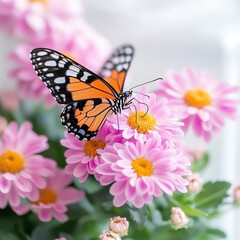 Fototapeta premium A vibrant butterfly perched on blooming pink flowers, showcasing nature's beauty and delicate details in a serene setting.