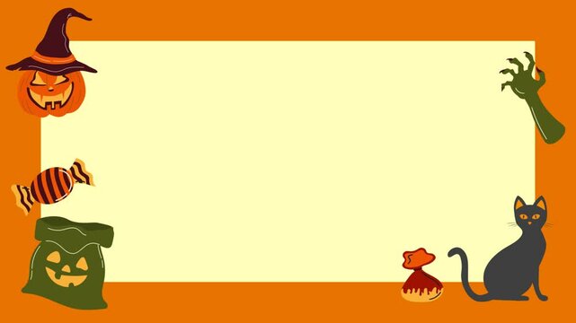 Halloween animated border promotion with spooky, pumpkin, skull cartoon style.