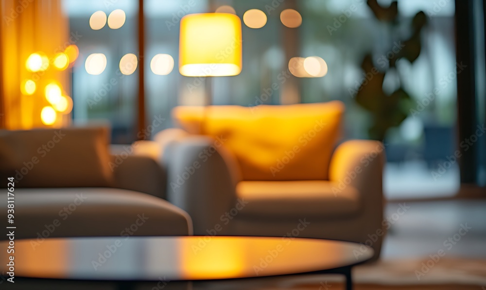 Poster blurred lounge area with soft ambient lighting and cozy setting
