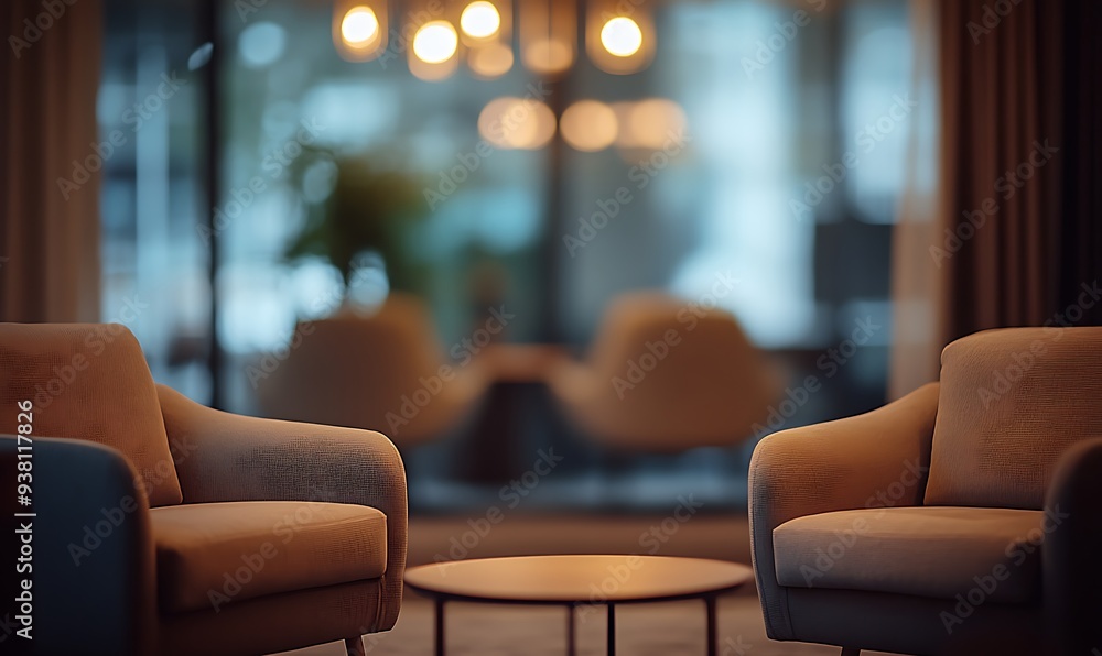 Poster blurred lounge area with soft ambient lighting and cozy setting