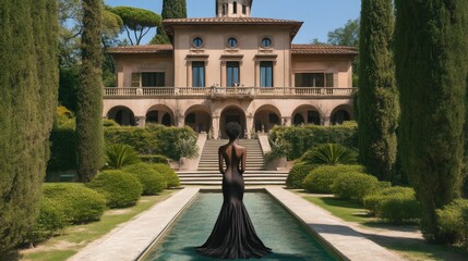 Obraz premium Elegant Black Model Posing at Luxurious Italian Villa