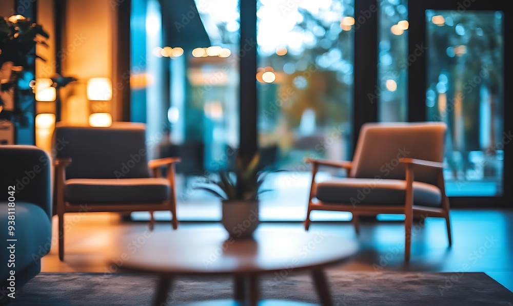 Poster blurred lounge area with soft ambient lighting and cozy setting