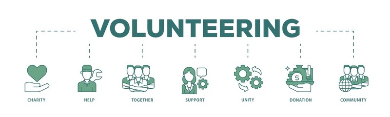 Volunteering icon infographic illustration concept with icon of charity, help, together, support, unity, donation, and community icon png and easy to edit 