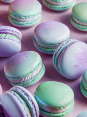 Obraz premium A collection of macarons with a colorful pattern of purple and green on a light purple background.