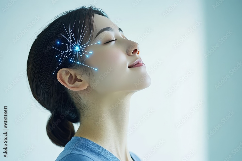 Poster thoughtful woman with glowing neural pathways representing deep cognitive reflection human intellige