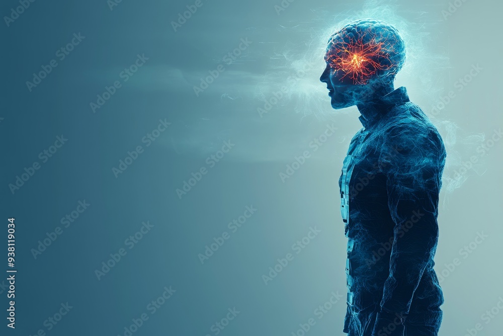 Poster futuristic silhouette of a human with a glowing brain representing advanced cognitive processes ment