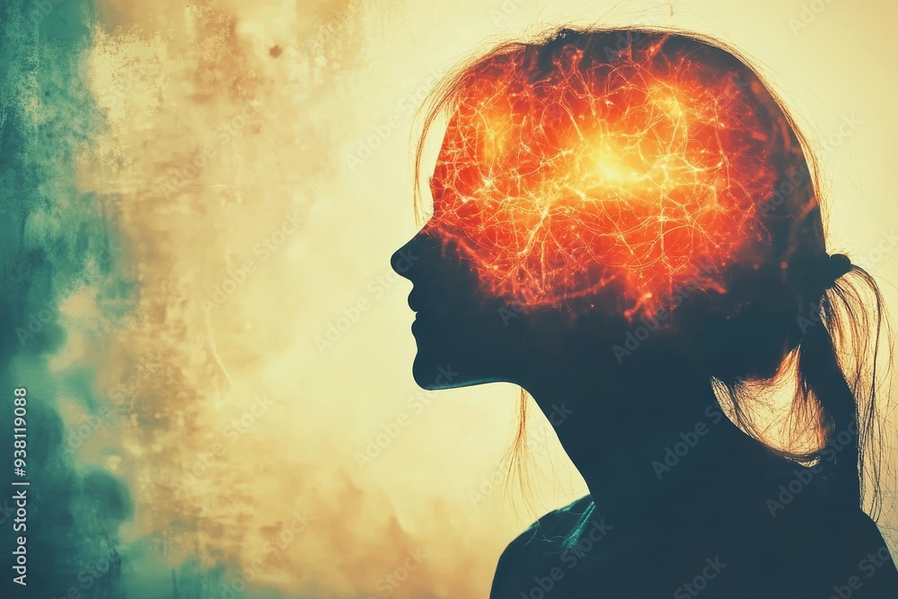 Poster profile silhouette of a woman with a glowing brain highlighting intellectual depth mental processes 
