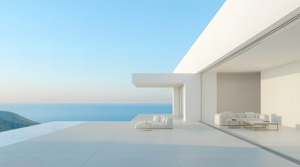 White luxury modern villa with beautiful sea view, minimalist geometric design, scene for car presentation