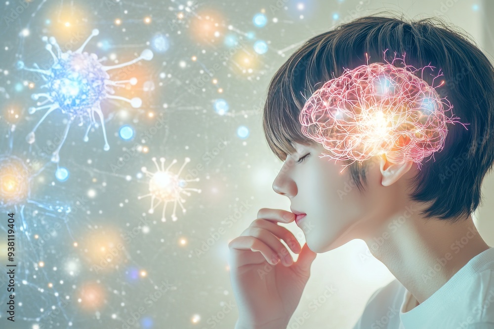 Poster pensive boy with a glowing brain reflecting on complex thoughts cognitive processes and the power of