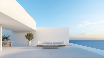 White luxury modern villa with beautiful sea view, minimalist geometric design, scene for car presentation