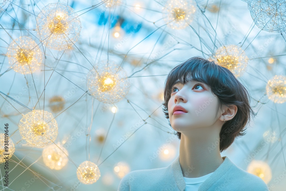Poster dreamy girl with glowing light network symbolizing creative imagination mental connection and the po