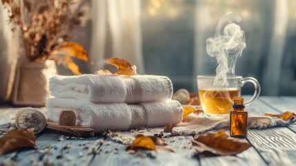 A minimalist spa setup features fluffy towels, essential oils, and a steaming cup of herbal tea, with dried autumn leaves and warm tones creating a cozy, inviting atmosphere.
