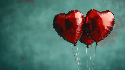 Decorative Red Balloons Shaped as Hearts on Blue