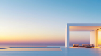 White luxury modern villa with beautiful sea view, minimalist geometric design, scene for car presentation
