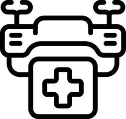 Simple, bold line icon of a drone carrying a first aid kit, perfect for medical and technology related designs