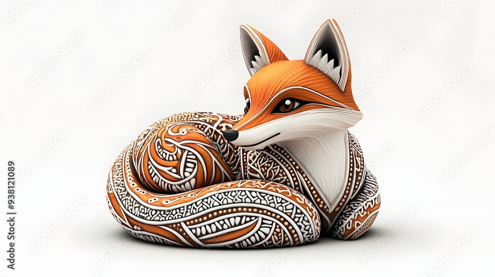 Poster 77. **a realistic 3d render of a ceramic tile art showcasing a playful fox with intricate tilework, 