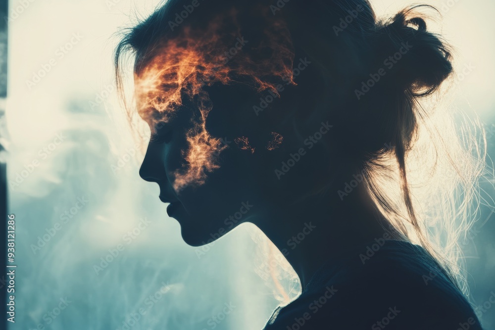 Poster silhouette of a woman with a glowing brain representing cognitive power neural activity and the stre