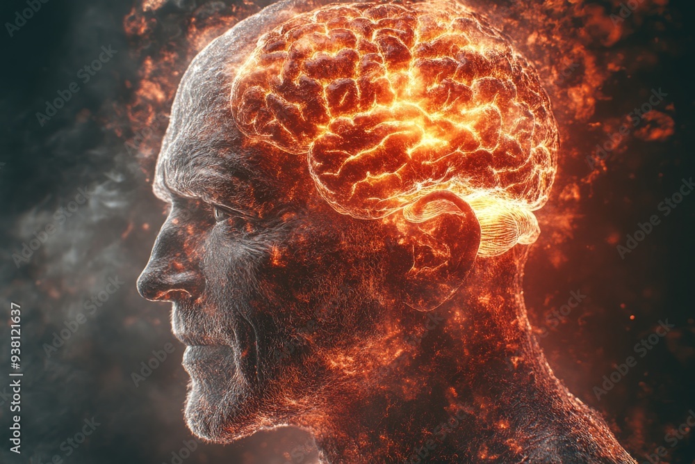 Aufkleber profile of an elderly man with a glowing brain representing wisdom cognitive power and the strength 
