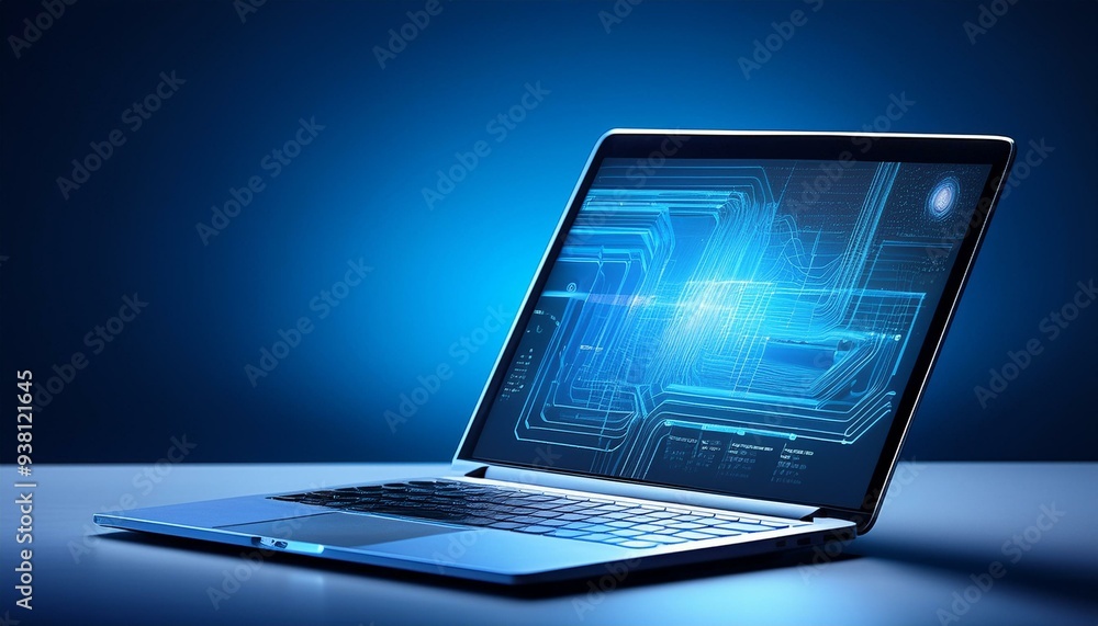 Aufkleber a laptop computer is displayed on a table with a blue background