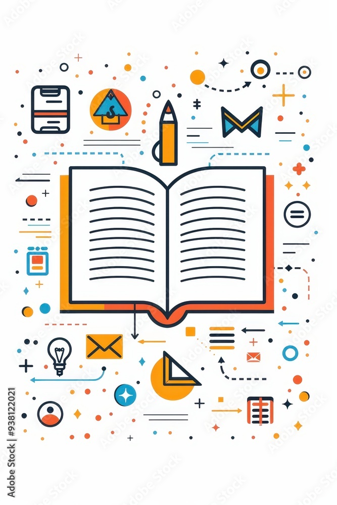 Aufkleber open book with educational icons in outline on white background with negative space