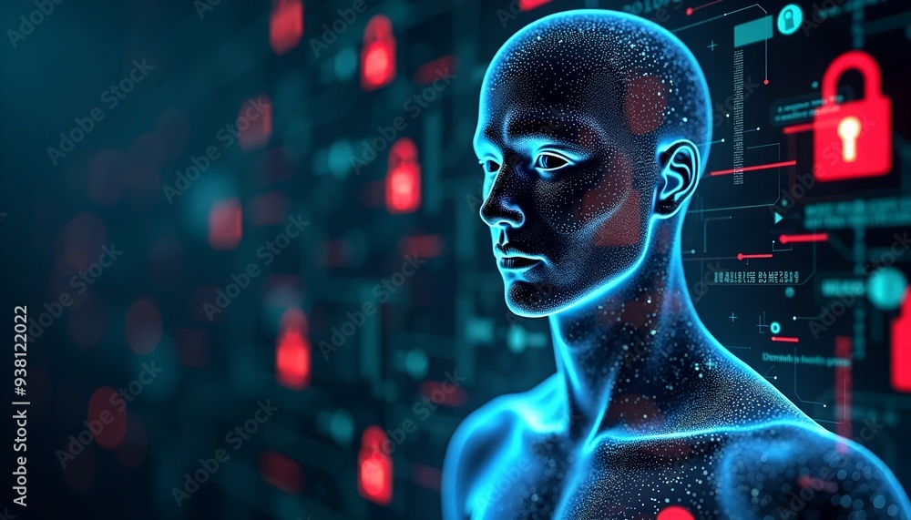 Poster abstract digital privacy representation - transparent human figure with encryption symbols and glowi