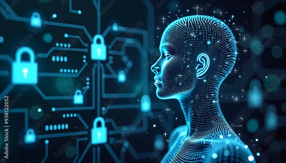 Poster abstract digital privacy representation - transparent human figure with encryption symbols and glowi