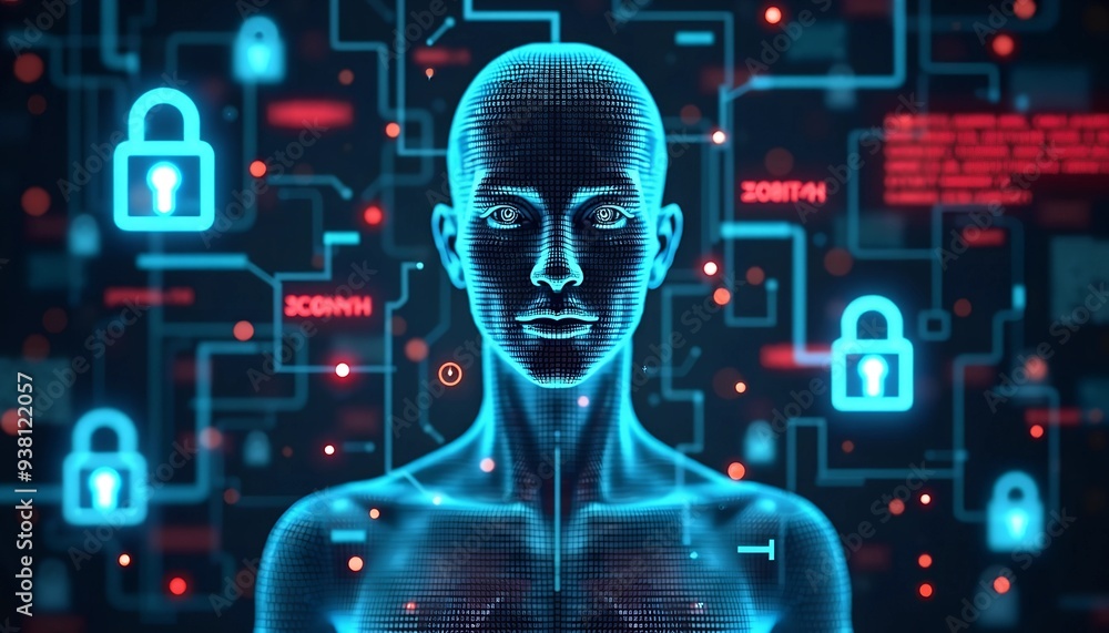 Poster abstract digital privacy representation - transparent human figure with encryption symbols and glowi